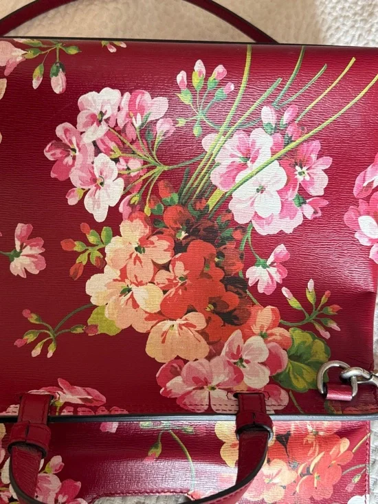 Gucci Floral Red Top Handle Satchel with Bamboo Accent - Picture 14 of 16